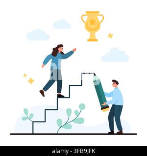Man helps woman climb stairs toward a trophy with a giant pencil, showing teamwork, support, promotion, mentoring and career growth isolated on white background vector illustration Stock Vector