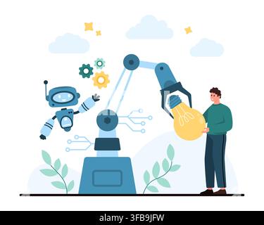 Robot assistant, industrial robotic arm and human holding glowing light bulb depict robotization, artificial intelligence, automation and innovation isolated on white background vector illustration Stock Vector