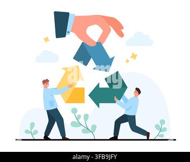 Two people assemble colorful recycle arrows while a large hand places the top piece, showing teamwork, sustainability, waste sorting, and eco awareness isolated on white background vector illustration Stock Vector