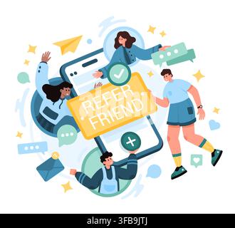 People share a referral invite through smartphone messaging with chat bubbles, envelope, paper plane and approval icon, isolated on white background vector illustration Stock Vector