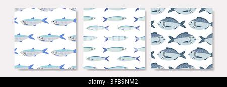 Set of seamless blue fish illustrations on a white background, ideal for textile, wallpaper, wrapping paper, surface design and nautical projects Stock Vector