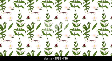 Botanical seamless pattern featuring hedge hyssop flowers and green leaves, ideal for fabric, wallpaper, packaging, stationery and nature-inspired des Stock Vector