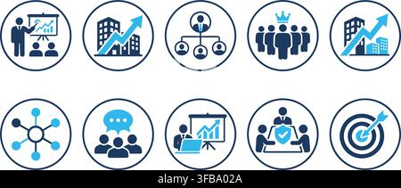 Business management icons set in blue and dark gray with various corporate concepts for presentations. Stock Vector