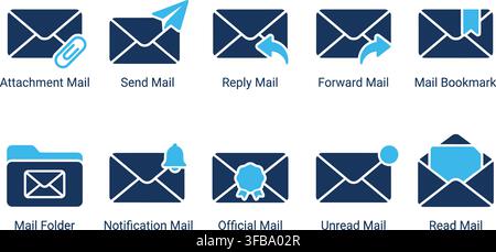 Email messaging icon collection dark blue cyan set inbox attachments forwarding notifications official. Stock Vector
