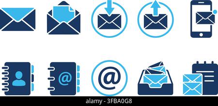 Email and communication blue solid icon collection featuring envelopes mobile inbox contacts and address. Stock Vector