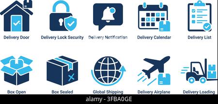 Icons depicting delivery services with blue and dark blue elements for logistics and shipping. Stock Vector