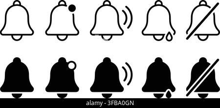 Collection of bell icons in outline and solid styles for alerts and notifications. Stock Vector