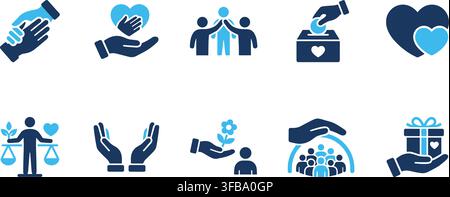 Charity and community donation icon set with blue hands and heart symbols for humanitarian aid organization. Stock Vector