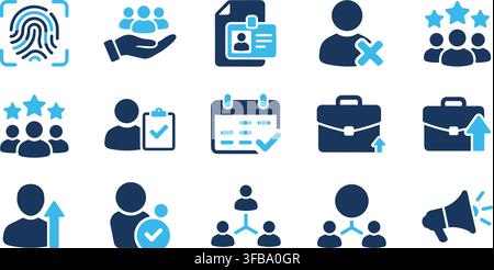 Human resource management icons displaying staff recruitment and professional career development symbols. Stock Vector