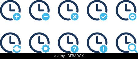 Clock timer icon set with blue modification symbols for time management scheduling and alarm settings. Stock Vector