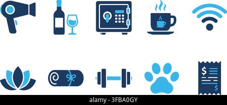 Hotel amenities icons in blue and dark blue colors for guest service information and lodging facilities. Stock Vector