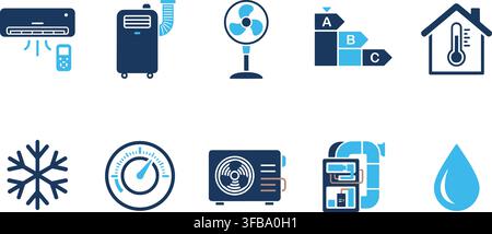 Heating ventilation and air conditioning HVAC vector icons set in blue for home climate control systems. Stock Vector
