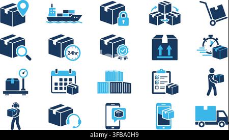 Logistics and shipping icons in blue and dark blue colors for professional delivery service web application. Stock Vector