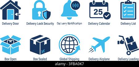 Delivery blue and dark blue icons set for e-commerce, logistics, and shipping services applications. Stock Vector