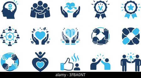 Community and partnership icon set with blue symbols for teamwork support volunteering and social care work. Stock Vector