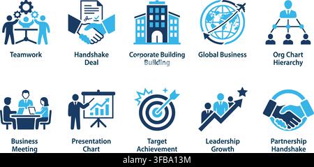 Corporate business flat icons in blue and dark blue colors representing teamwork leadership and partnership. Stock Vector