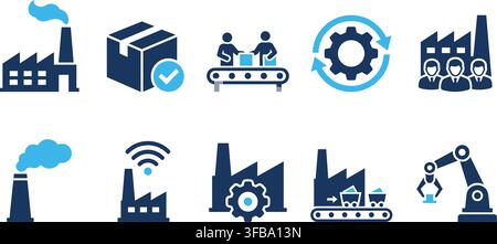 Corporate industry and production line icons collection in blue theme for manufacturing process management. Stock Vector