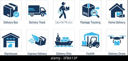 Logistics delivery icons set featuring blue and dark navy shipping elements for freight and cargo systems. Stock Vector
