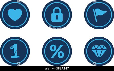 Heart lock flag number percent and diamond web icons set. Stock Vector