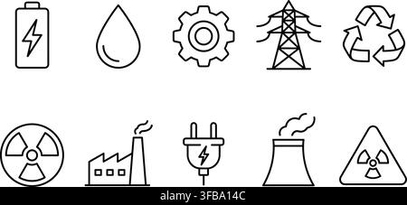 Industrial energy and power resources black outline icons featuring battery water gear electric and nuclear. Stock Vector