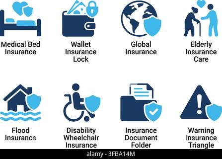 Insurance policy icons set featuring blue and navy protection symbols for financial and medical services. Stock Vector