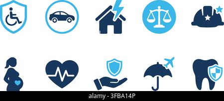 Insurance coverage icons set featuring blue and navy shields for medical and protection service designs. Stock Vector