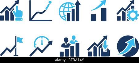 Data growth and financial performance analysis vector icons set in blue for corporate marketing analytics. Stock Vector