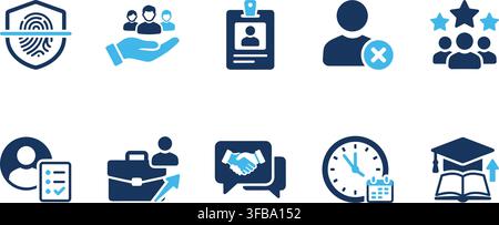 Human resources and office management vector icons set in blue for professional staff and team recruitment. Stock Vector