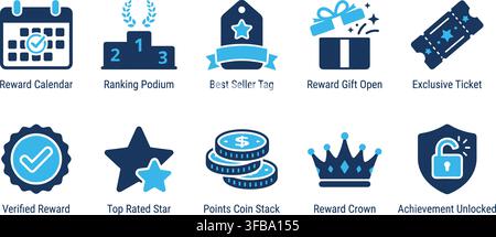 Loyalty program reward elements and gamification badges in blue colors for user engagement interfaces. Stock Vector