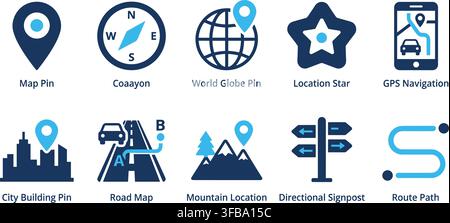 Gps navigation and geography icons featuring world globe pins compass and city building location markers. Stock Vector