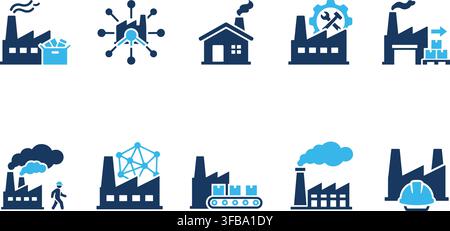 Industrial manufacturing factory icons set with blue flat design for production and supply chain logistics. Stock Vector