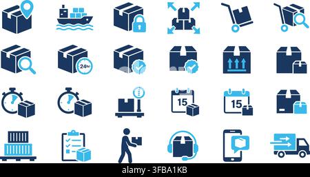 Logistics delivery icons set featuring blue and dark grey delivery boxes for professional shipment tracking. Stock Vector