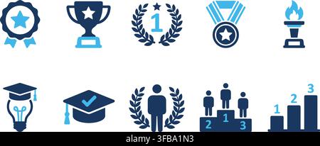 Educational achievement and winning award blue icons set representing academic success and podium placement. Stock Vector