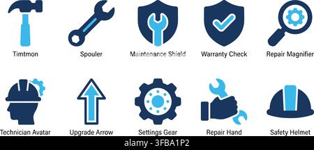 Maintenance and repair service icons featuring blue tools and equipment symbols for technical support work. Stock Vector