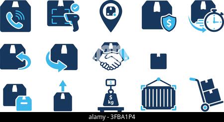 Logistics and shipping icons collection with blue and dark blue colors for business delivery interface. Stock Vector