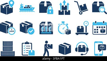 Logistics and delivery blue and black icons illustrating shipping, tracking, and supply chain management. Stock Vector