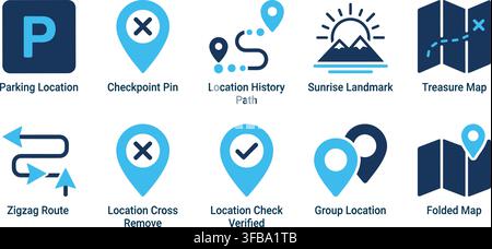 Navigation and map pins flat icons set featuring blue location markers with treasure maps and route paths. Stock Vector