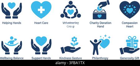 Corporate social responsibility icon set in blue and dark blue palette with descriptive charity captions. Stock Vector