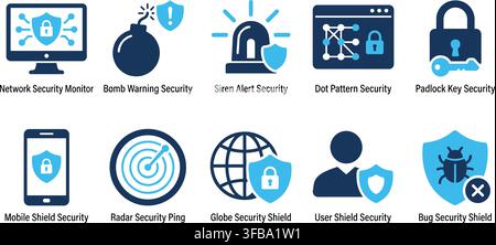 Cybersecurity icons set with network monitor, bomb warning, siren alert, and padlock key for digital safety. Stock Vector