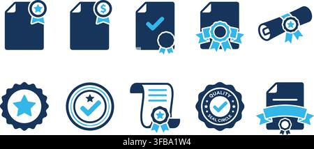 Official certification documents and quality seal icons set with blue ribbons for academic and legal use. Stock Vector