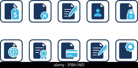 Document file management flat vector icons in blue frames containing lock global globe credit card seal. Stock Vector