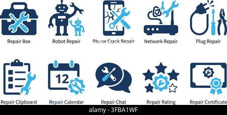 Maintenance service and repair icons featuring tools robots and devices for technical support branding. Stock Vector