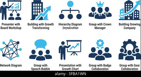 Detailed business icons with blue details represent workshop presentation growth hierarchy group collaboration. Stock Vector