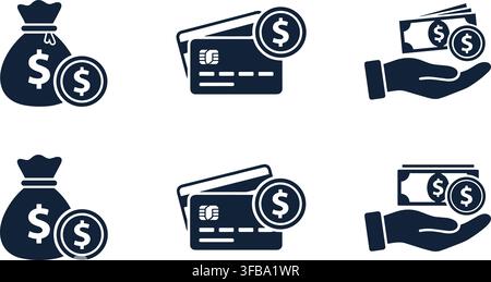 money and payment icons set of financial symbols, including money bags, credit cards, and cash. Stock Vector