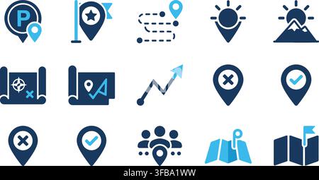 Navigation map pin pointer icons set with blue and dark blue colors for travel app and location tracker. Stock Vector