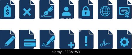Document file icon set with blue glyph symbols representing various business tasks and digital operations. Stock Vector