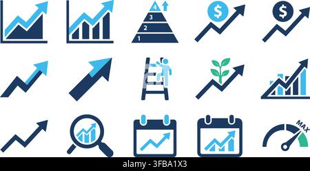Financial growth charts and market performance icons showing analytics progress and business development bars. Stock Vector