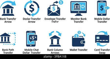 Financial transaction vector icons representing various money transfer methods including mobile and online banking. Stock Vector