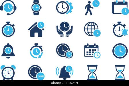 Productivity time management icons in blue duo tone with stopwatch calendar alarm and hourglass symbols. Stock Vector