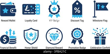 Loyalty program blue and black icons for reward systems, signifying customer retention and exclusive benefits. Stock Vector